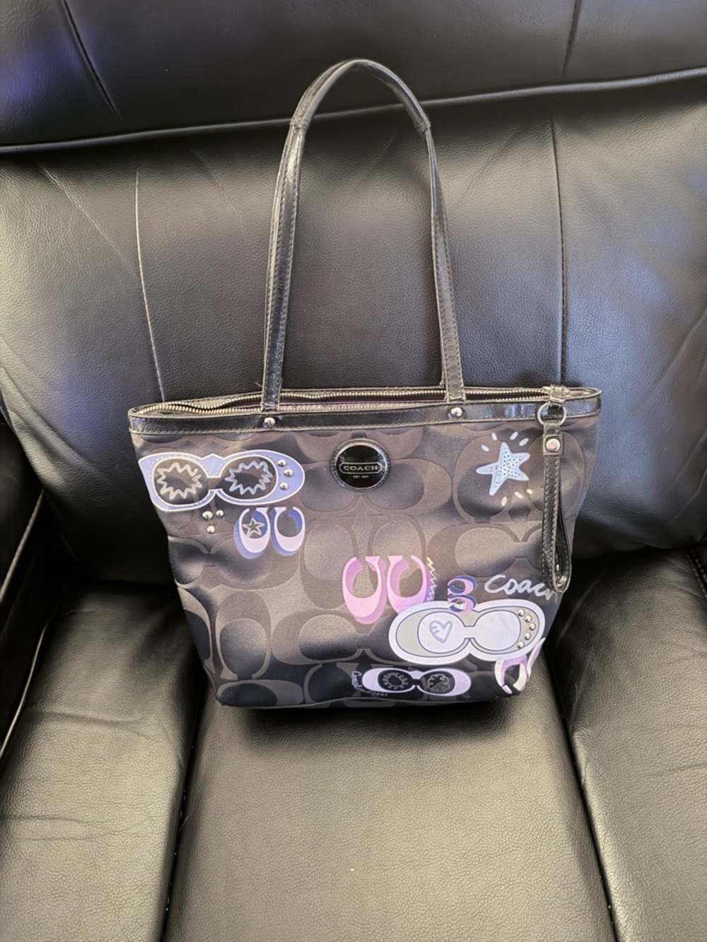 Coach Signature Tote Bag Black Gray Monogram Graphic Print Zip Top Purse EUC